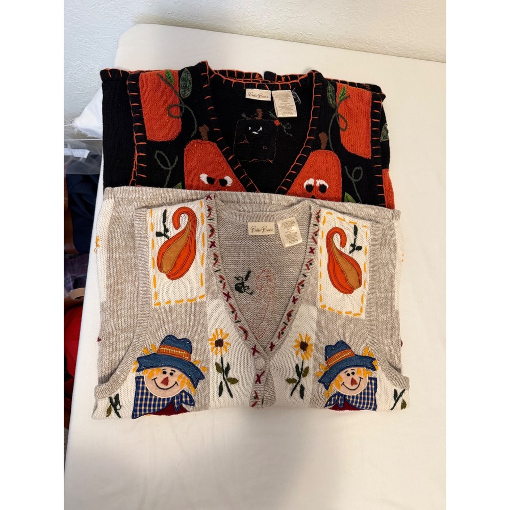Bobbie Brooks Vintage Fall Sweater Vests Lot of 2 Pumpkin Scarecrow Small